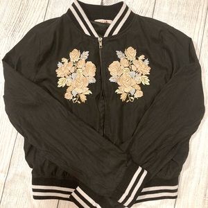 Black Embroidered Floral Bomber Jacket